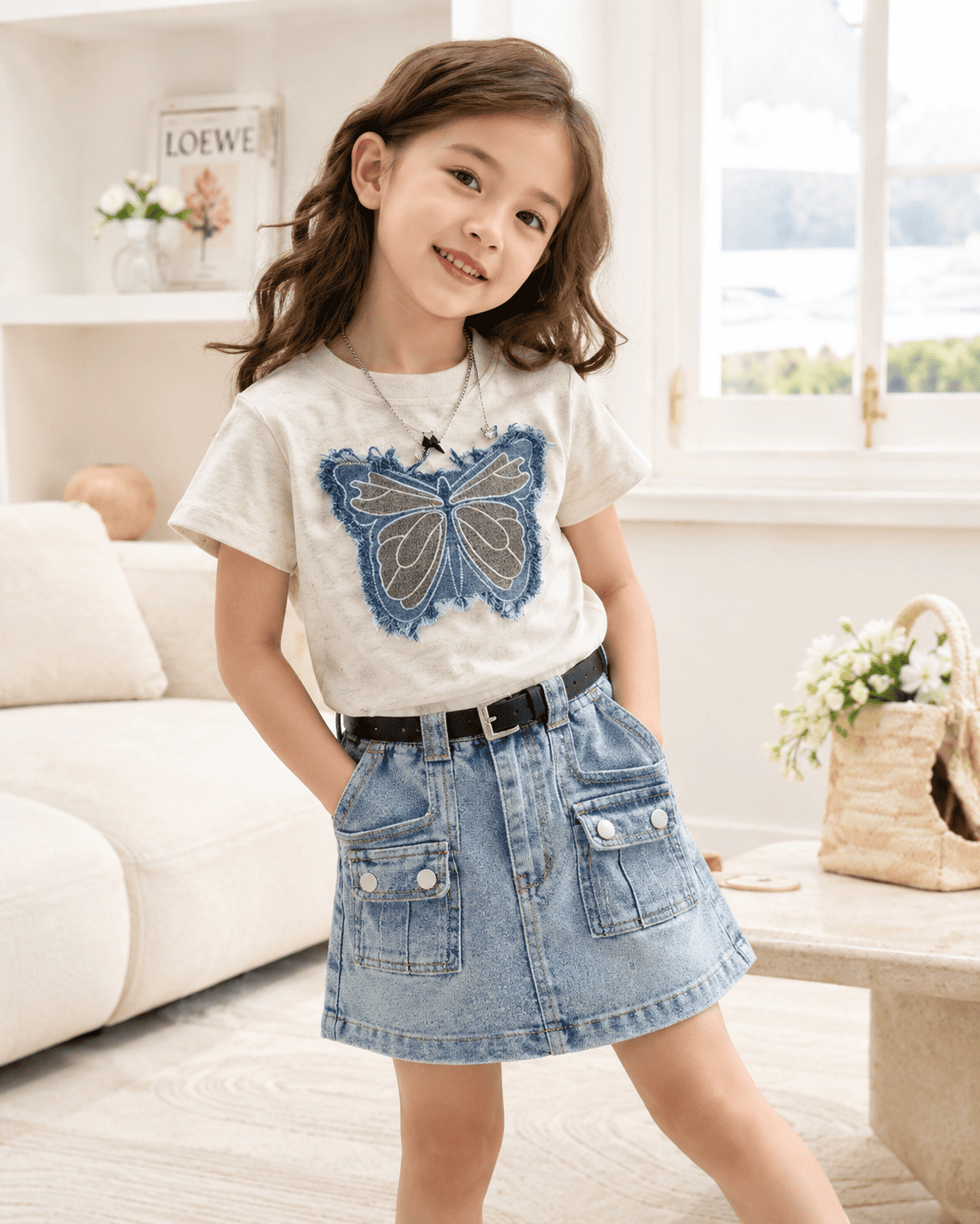 Bow Embroidered Top And Denim Skirt Set