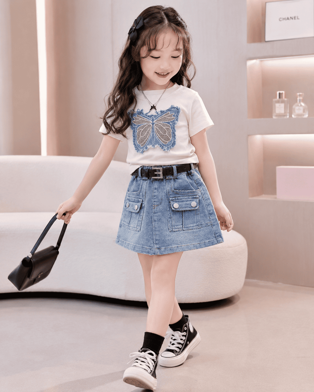 Bow Embroidered Top And Denim Skirt Set