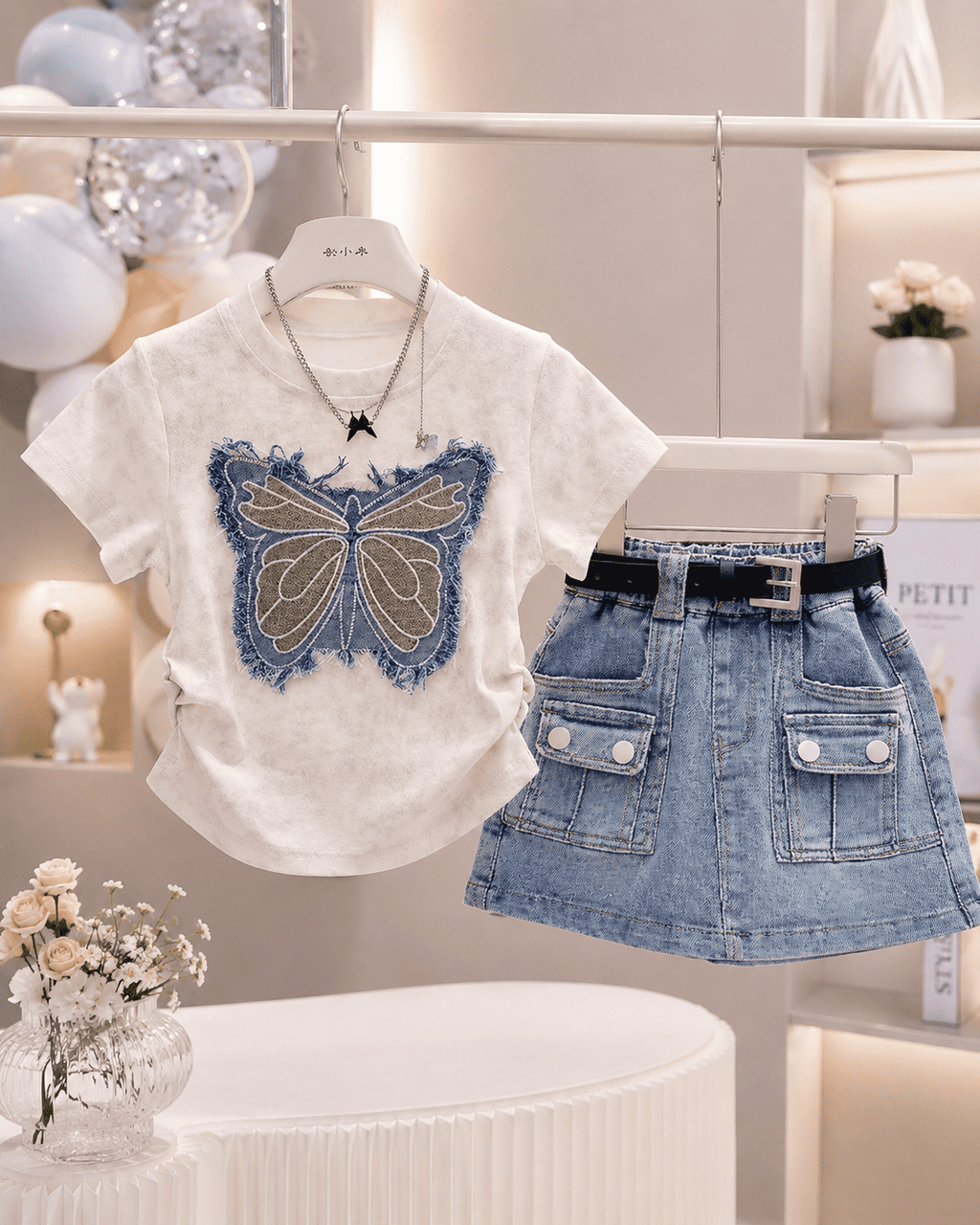 Bow Embroidered Top And Denim Skirt Set