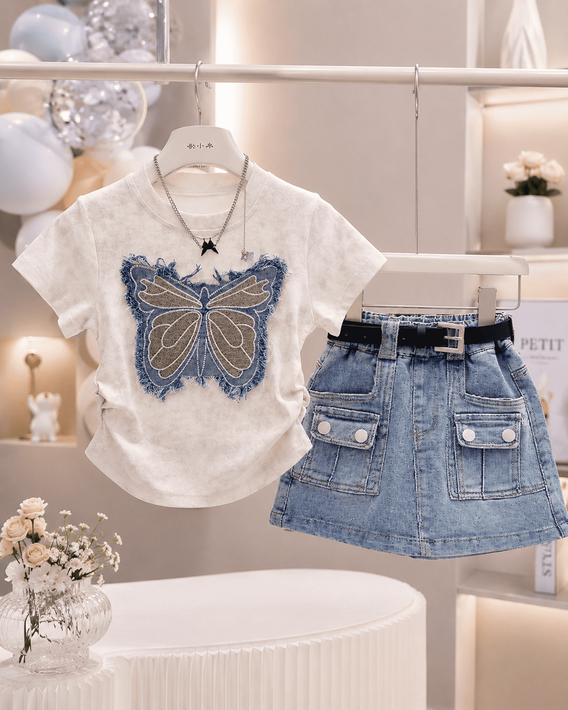 Bow Embroidered Top And Denim Skirt Set