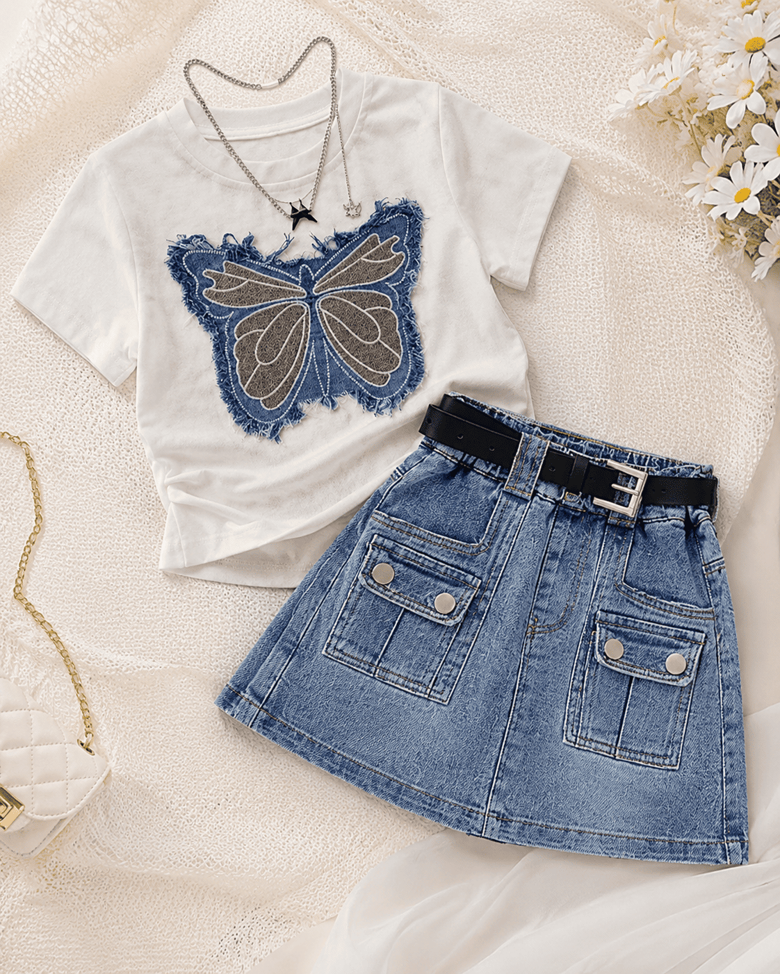 Bow Embroidered Top And Denim Skirt Set