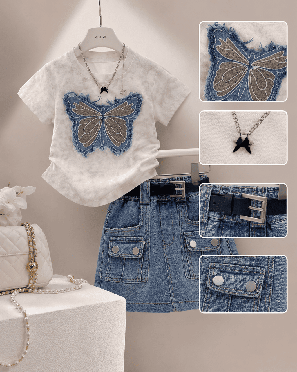 Bow Embroidered Top And Denim Skirt Set