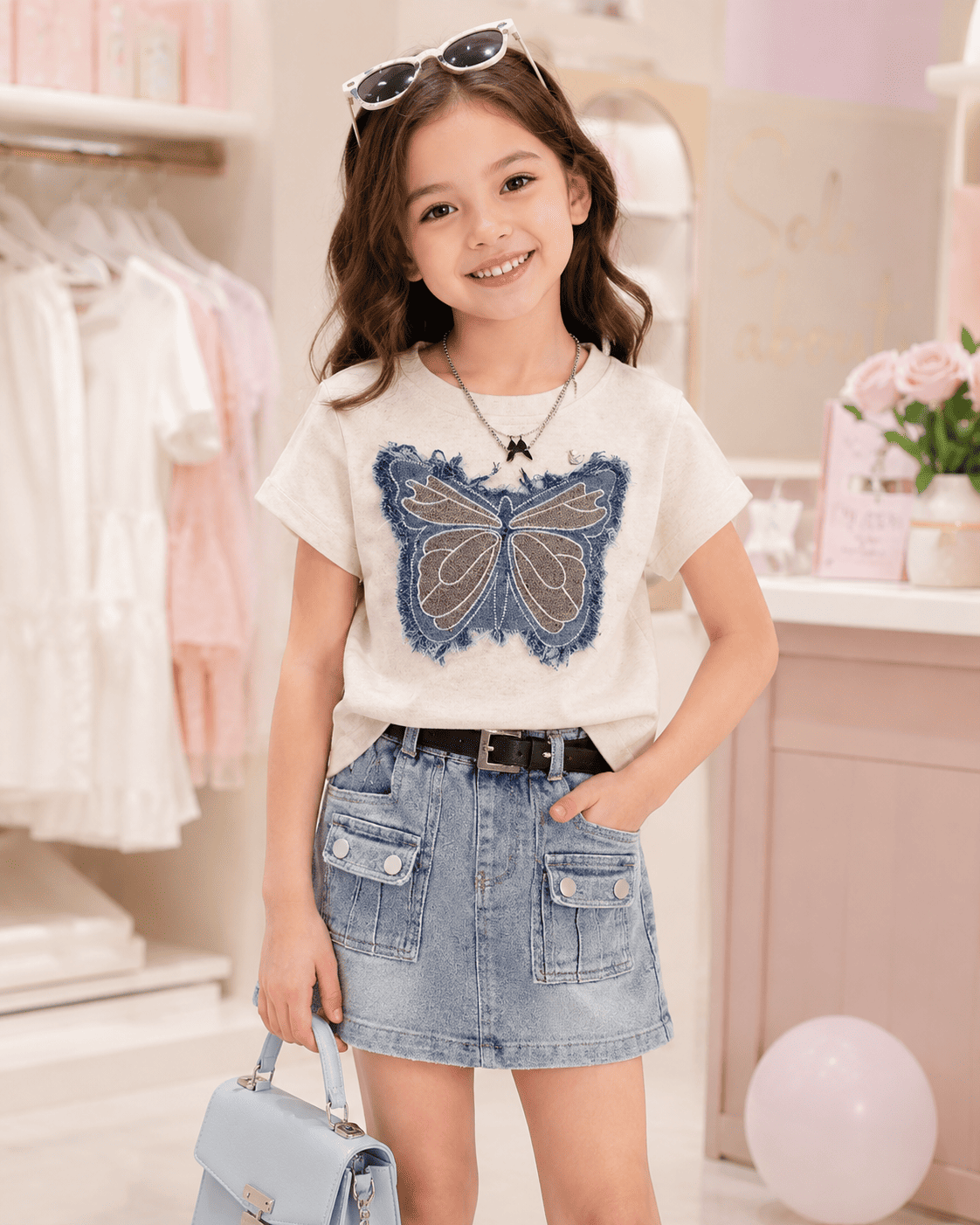 Bow Embroidered Top And Denim Skirt Set