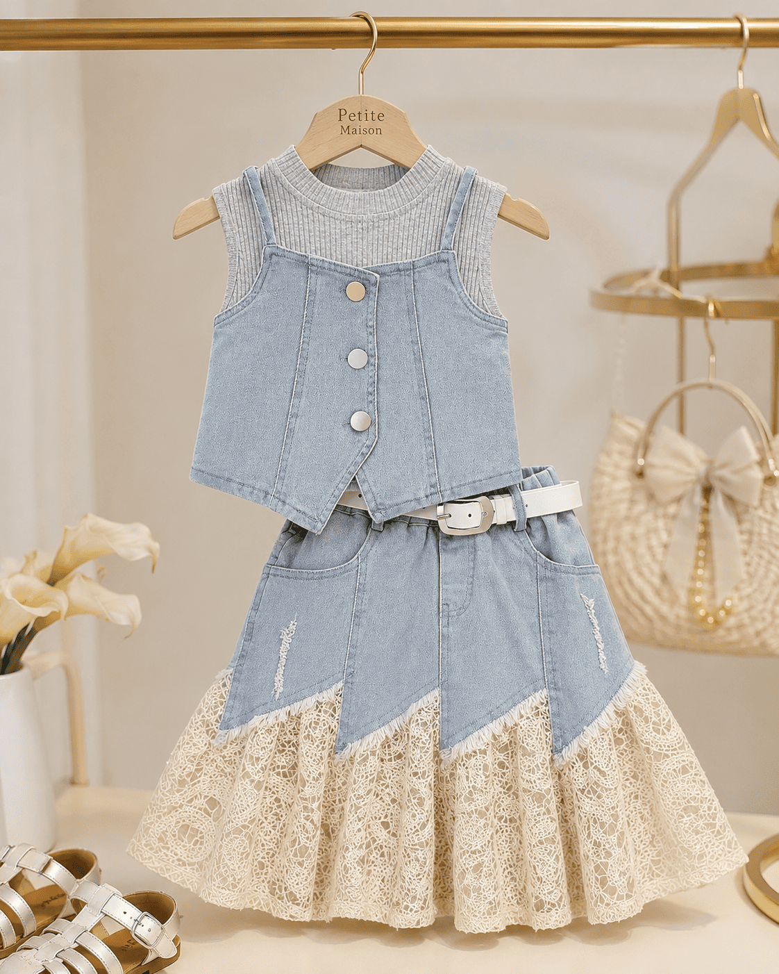 Floral Top And Denim Skirt Three-Piece Set