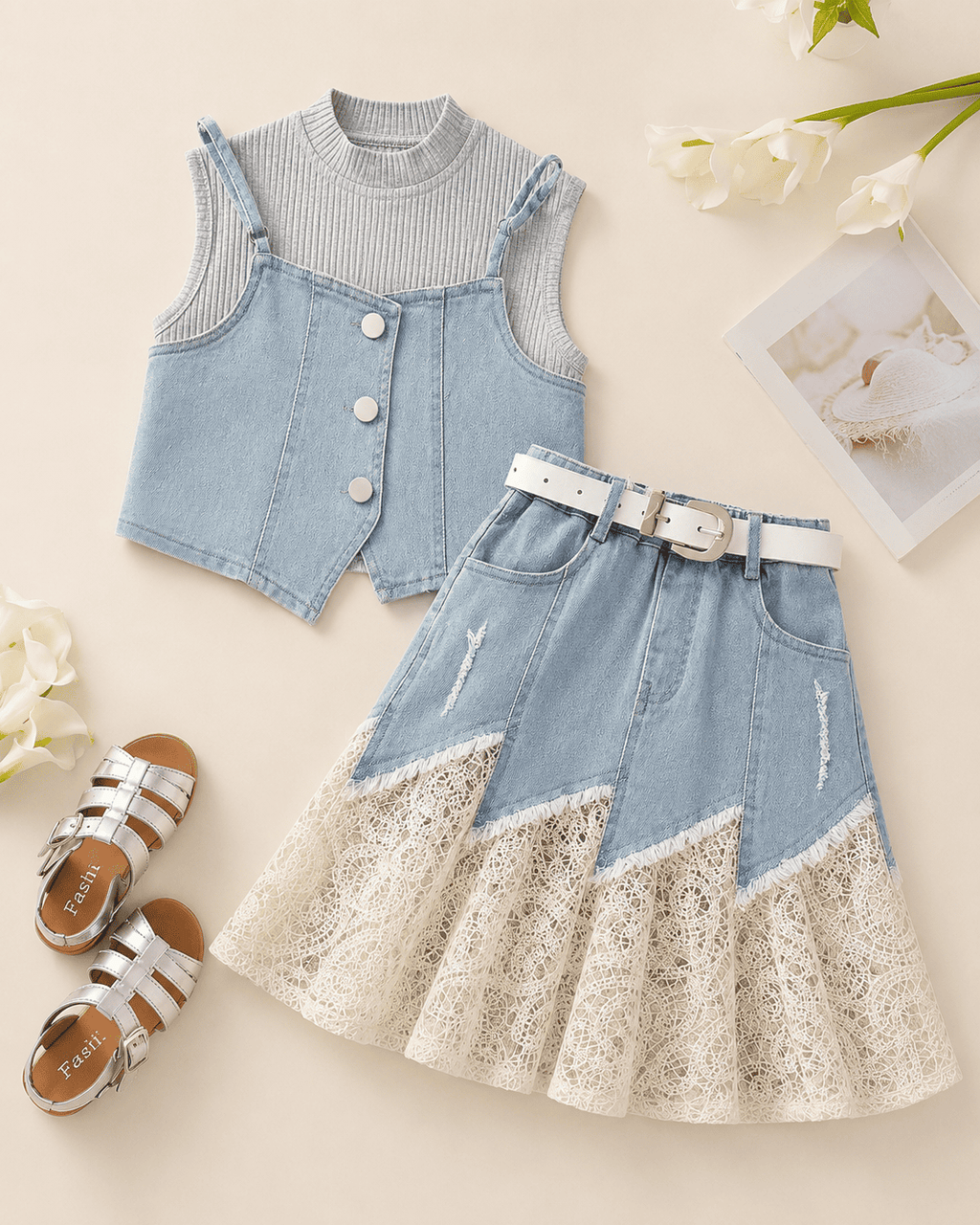 Floral Top And Denim Skirt Three-Piece Set