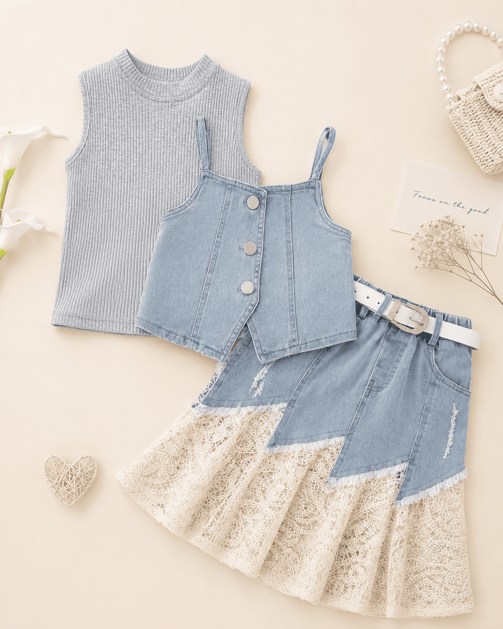 Floral Top And Denim Skirt Three-Piece Set