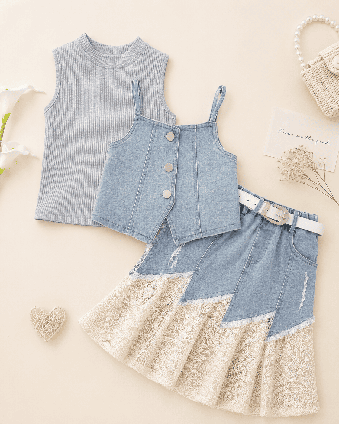 Floral Top And Denim Skirt Three-Piece Set