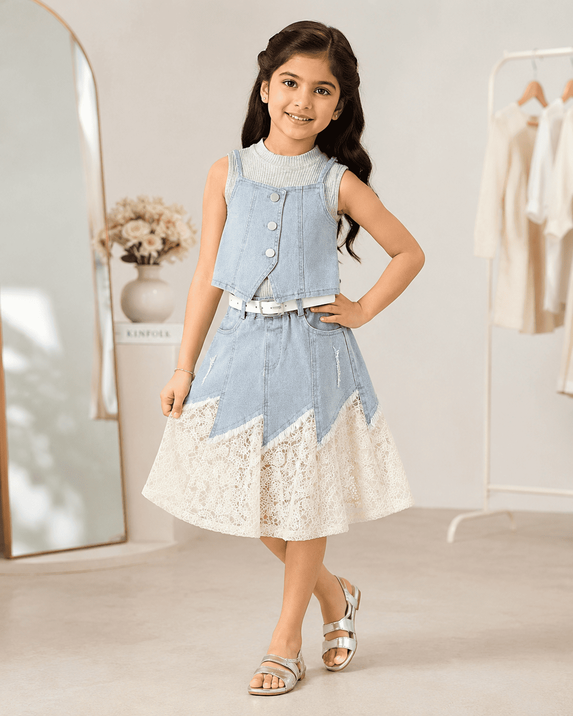 Floral Top And Denim Skirt Three-Piece Set