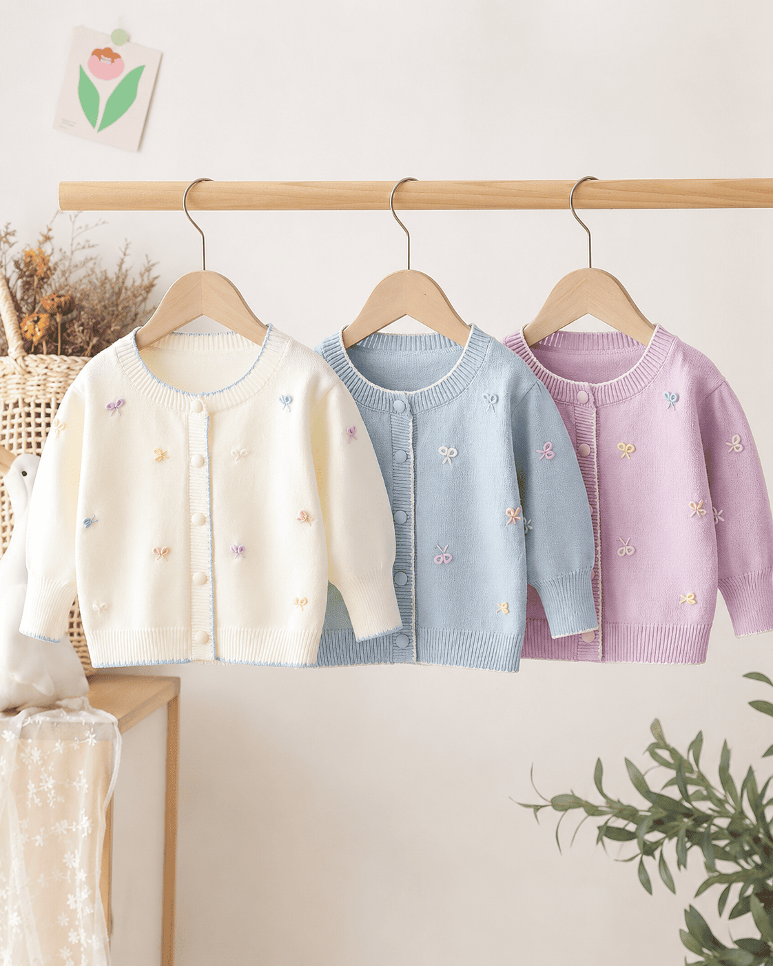 Girls Bow Jacquard Knit Puff Sleeve Cardigan