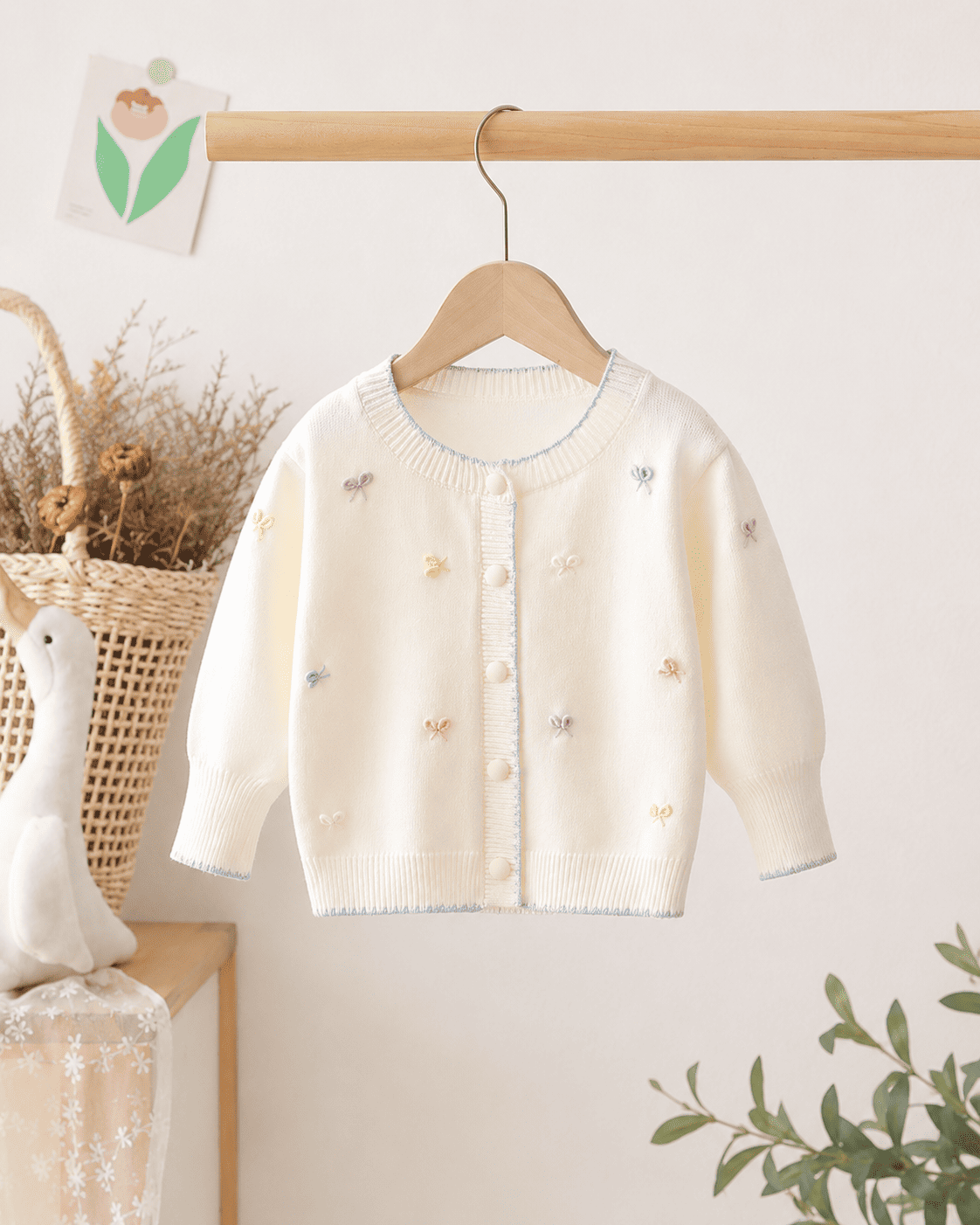Girls Bow Jacquard Knit Puff Sleeve Cardigan