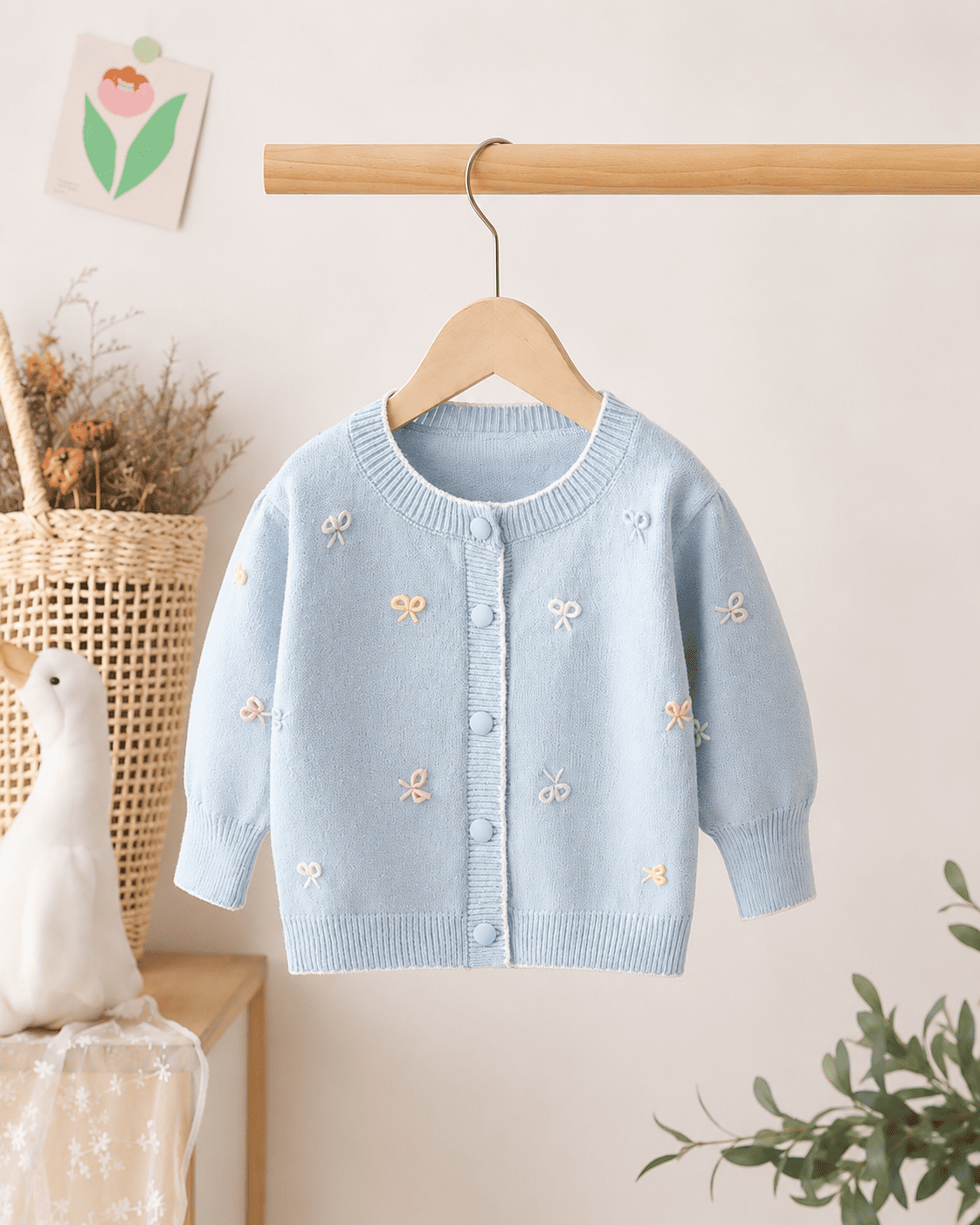 Girls Bow Jacquard Knit Puff Sleeve Cardigan