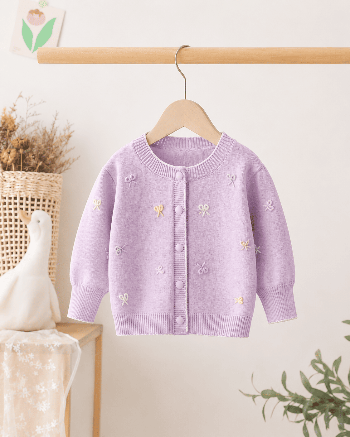 Girls Bow Jacquard Knit Puff Sleeve Cardigan