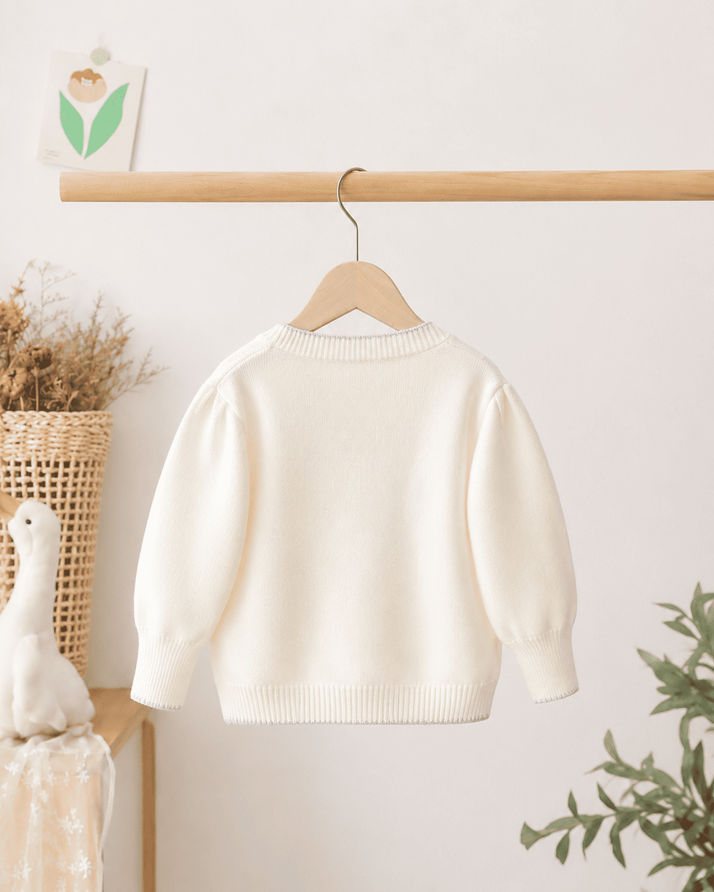 Girls Bow Jacquard Knit Puff Sleeve Cardigan