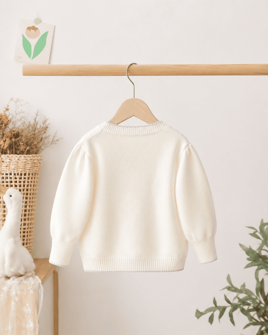 Girls Bow Jacquard Knit Puff Sleeve Cardigan
