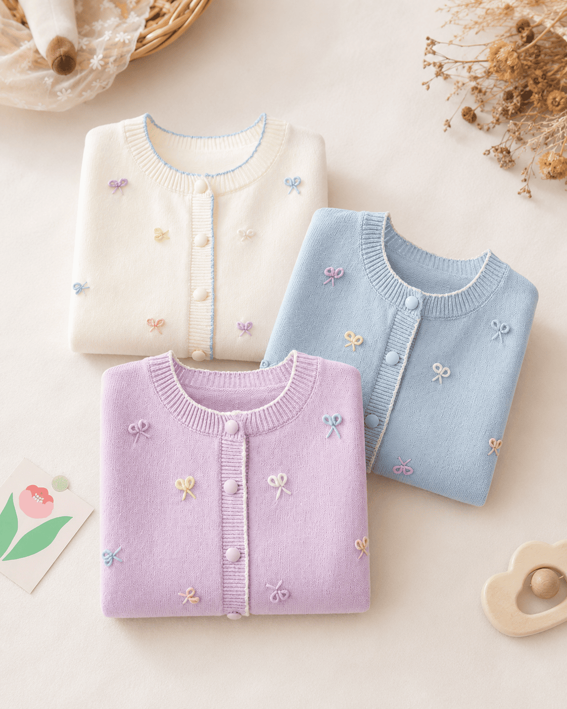Girls Bow Jacquard Knit Puff Sleeve Cardigan