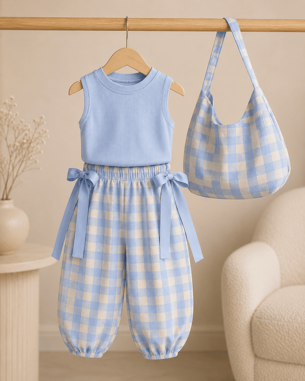 Plaid Top And Bow Pants Three-Piece Set