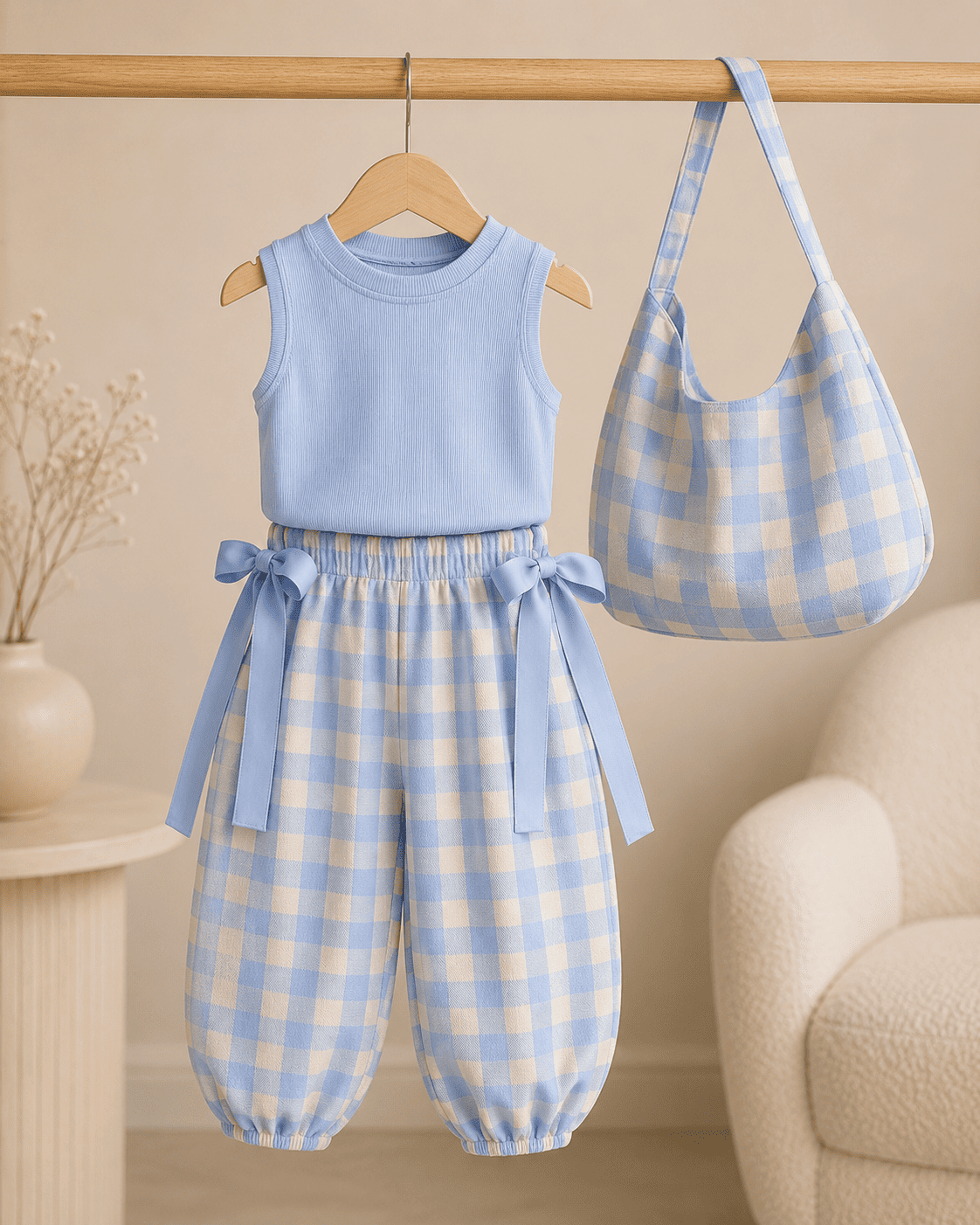 Plaid Top And Bow Pants Three-Piece Set