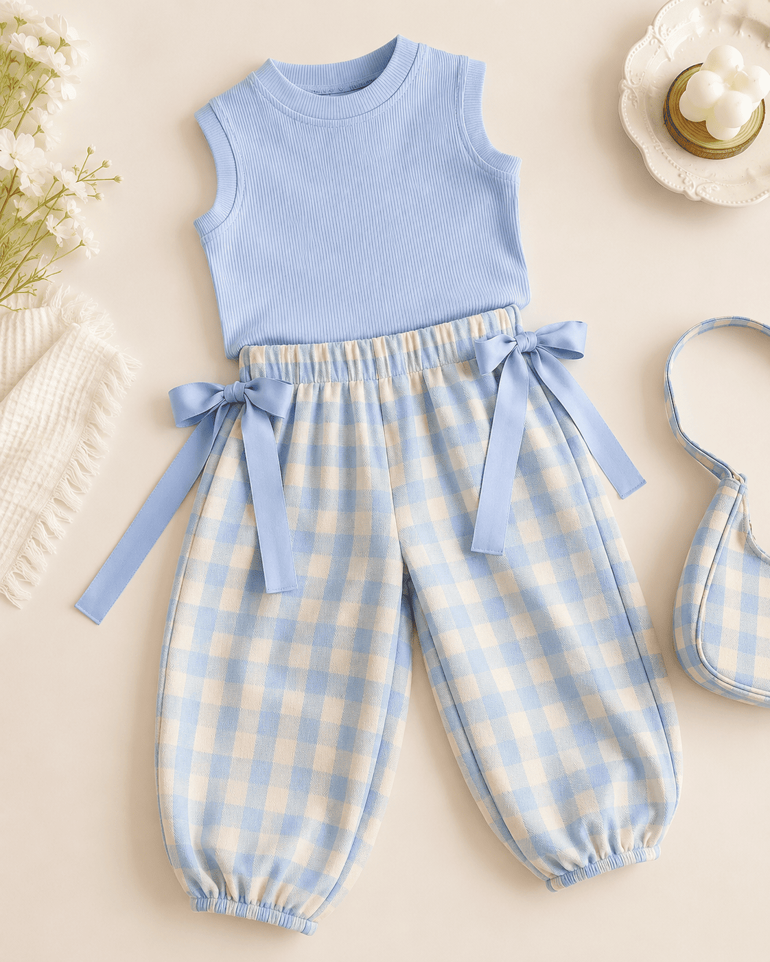 Plaid Top And Bow Pants Three-Piece Set