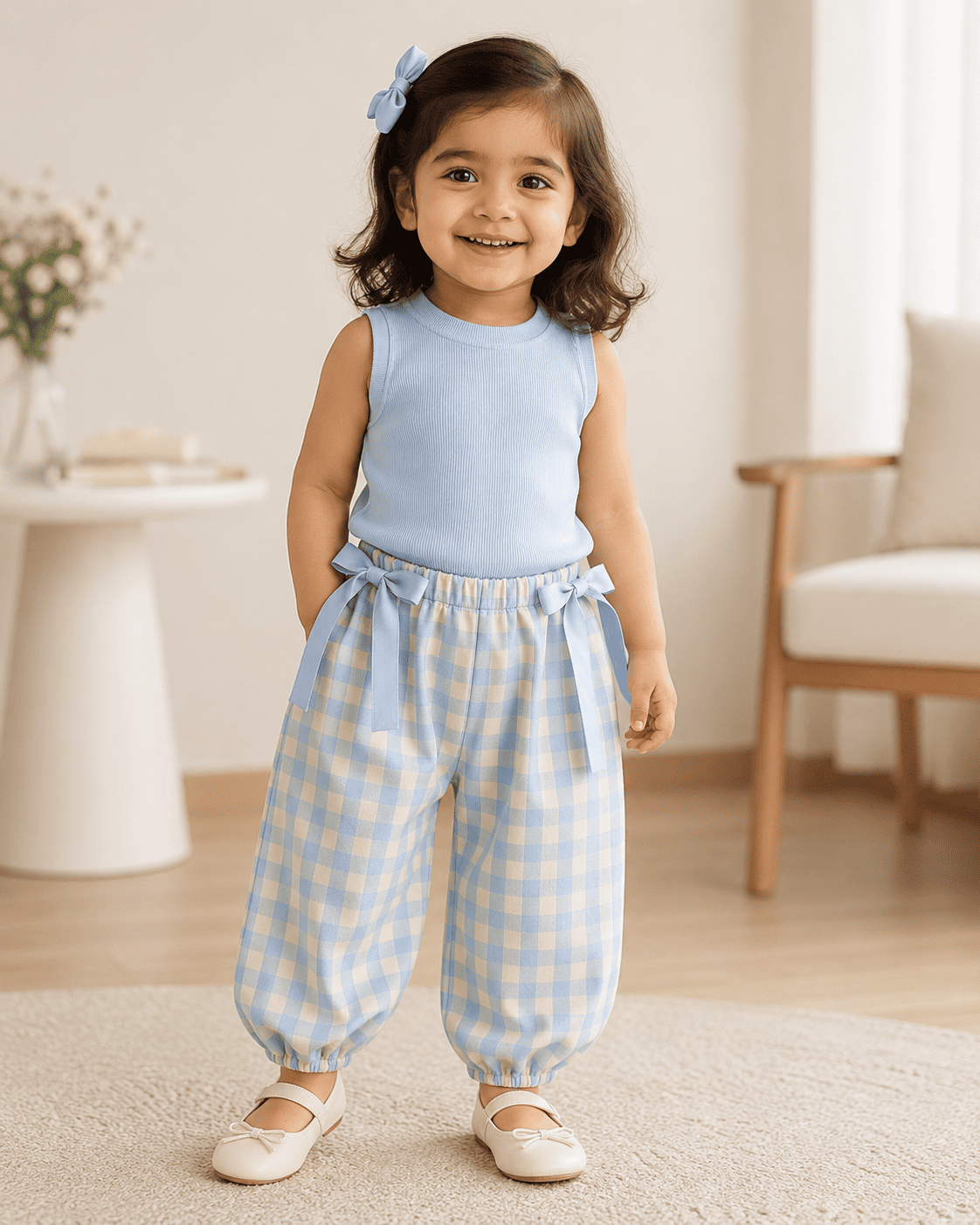 Plaid Top And Bow Pants Three-Piece Set