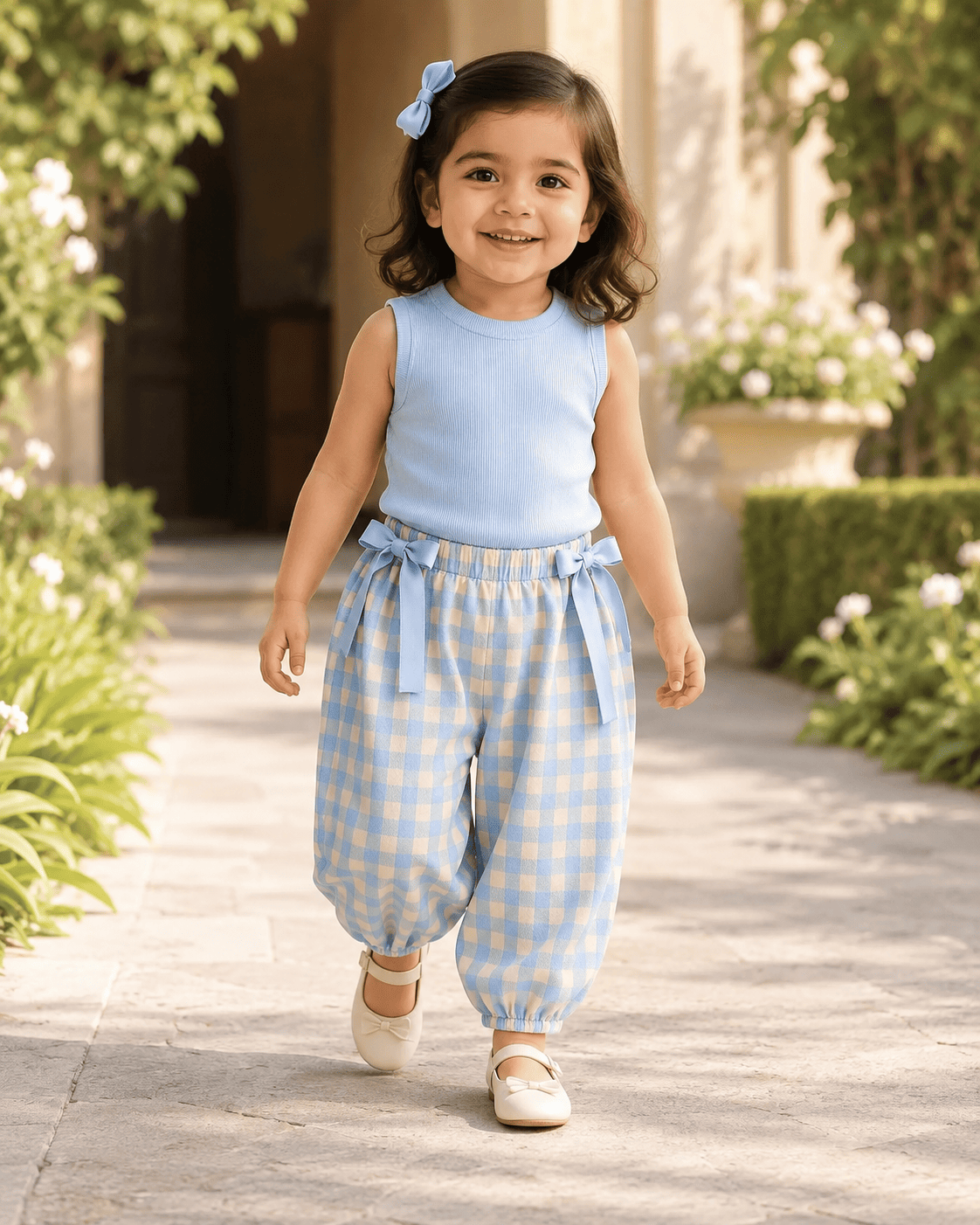 Plaid Top And Bow Pants Three-Piece Set