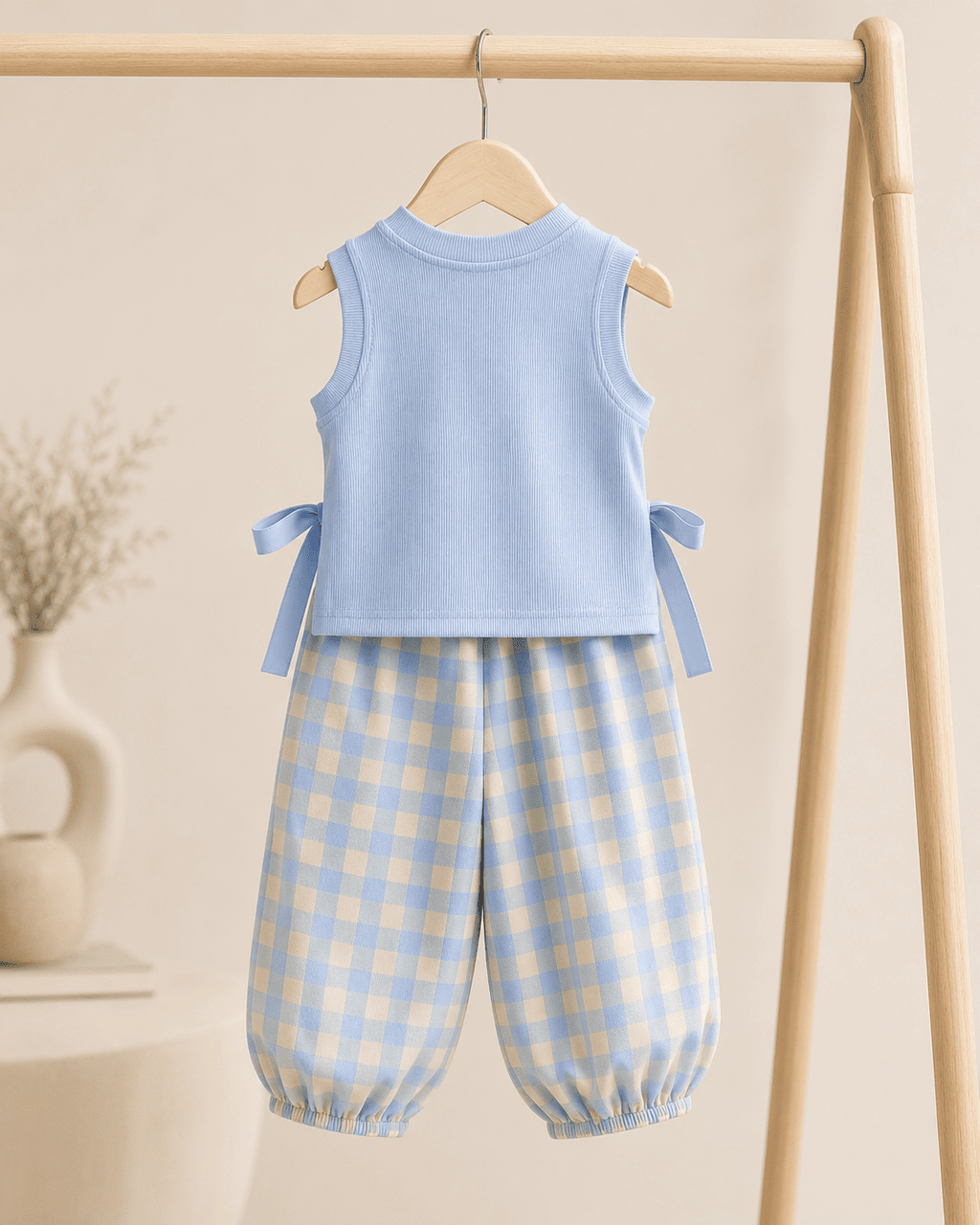 Plaid Top And Bow Pants Three-Piece Set