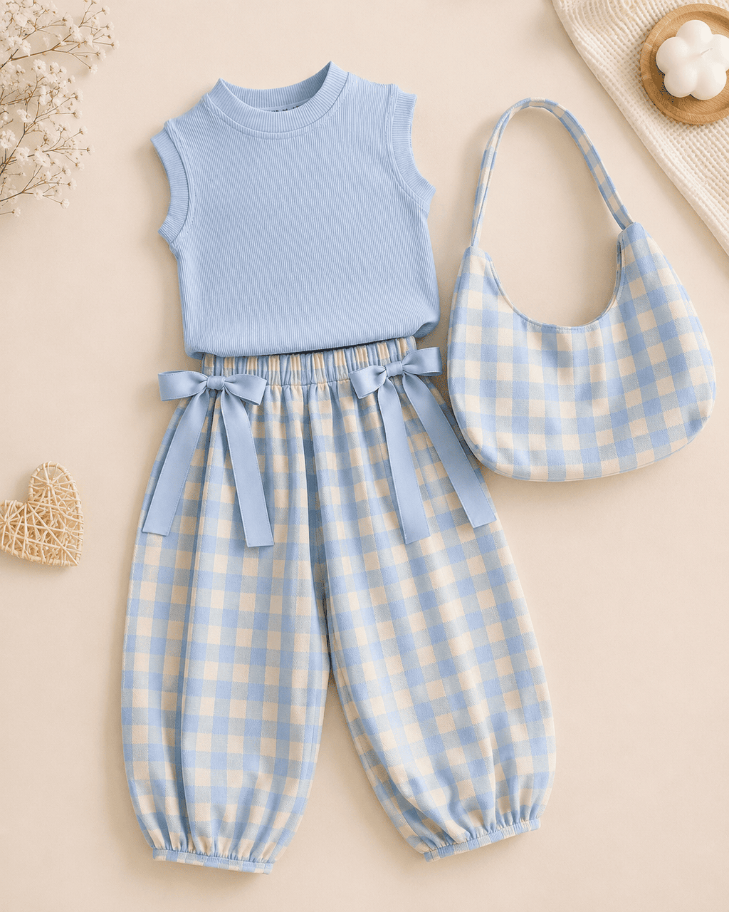 Plaid Top And Bow Pants Three-Piece Set