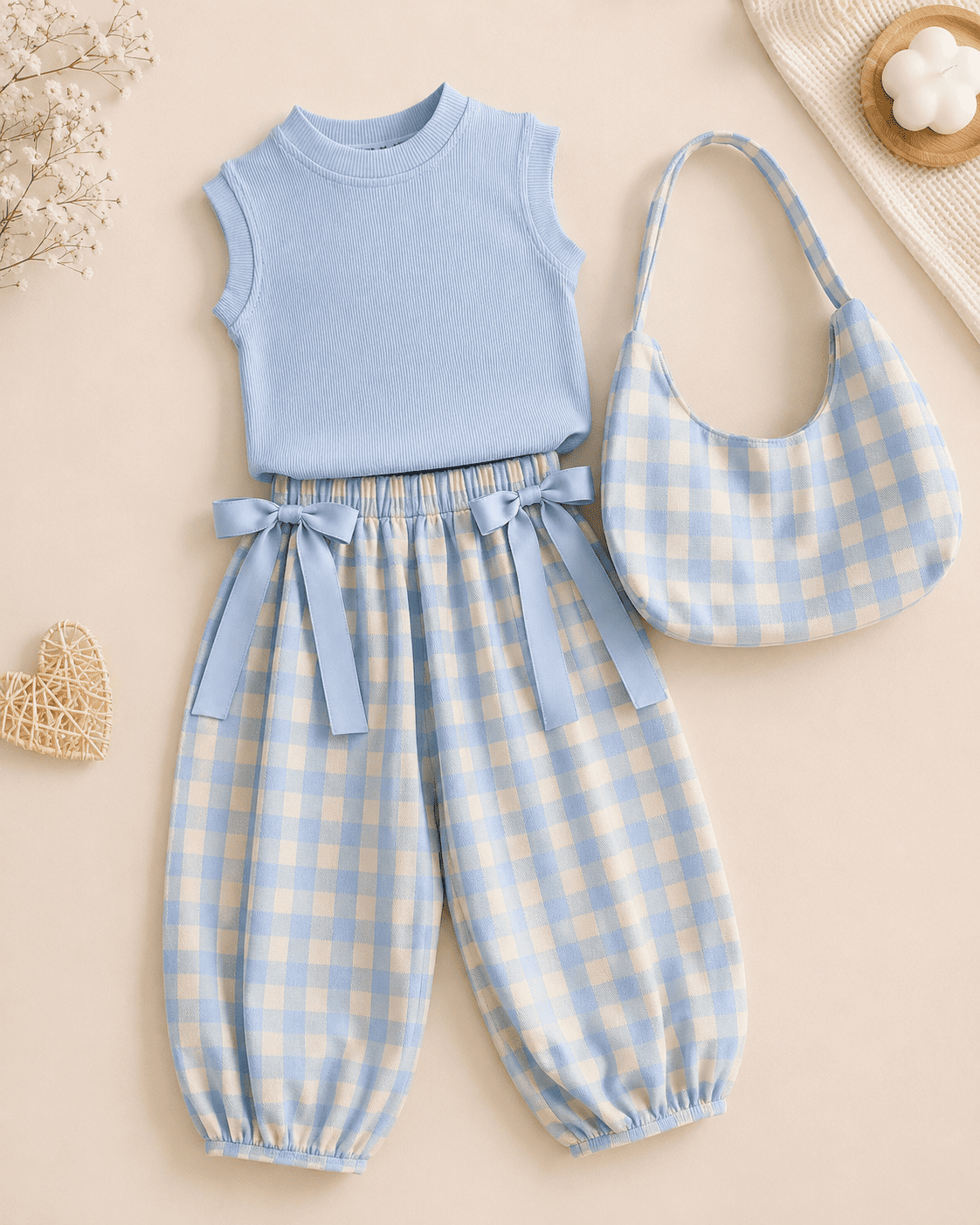 Plaid Top And Bow Pants Three-Piece Set