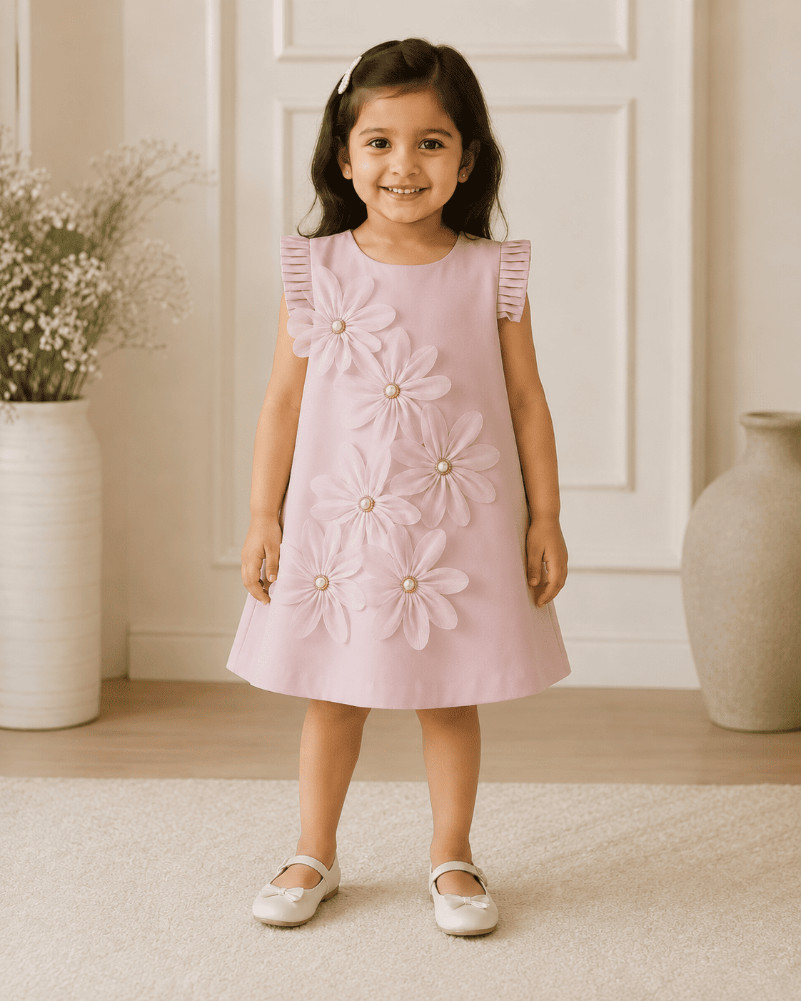 Girls Sleeveless 3D Petal Satin Summer Dress