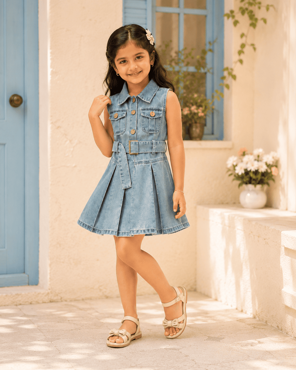 Sleeveless Belted Denim Pleated Dress