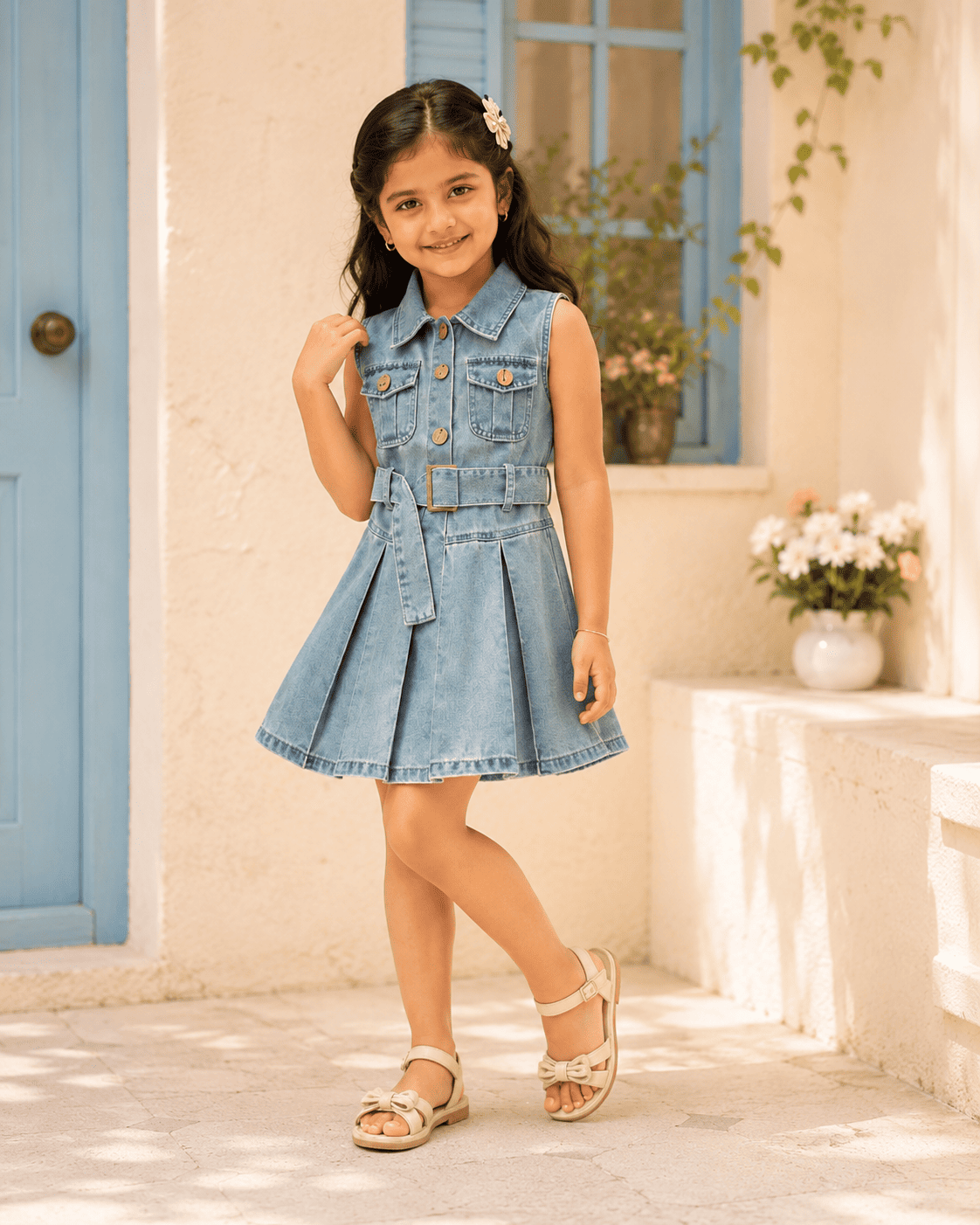 Sleeveless Belted Denim Pleated Dress