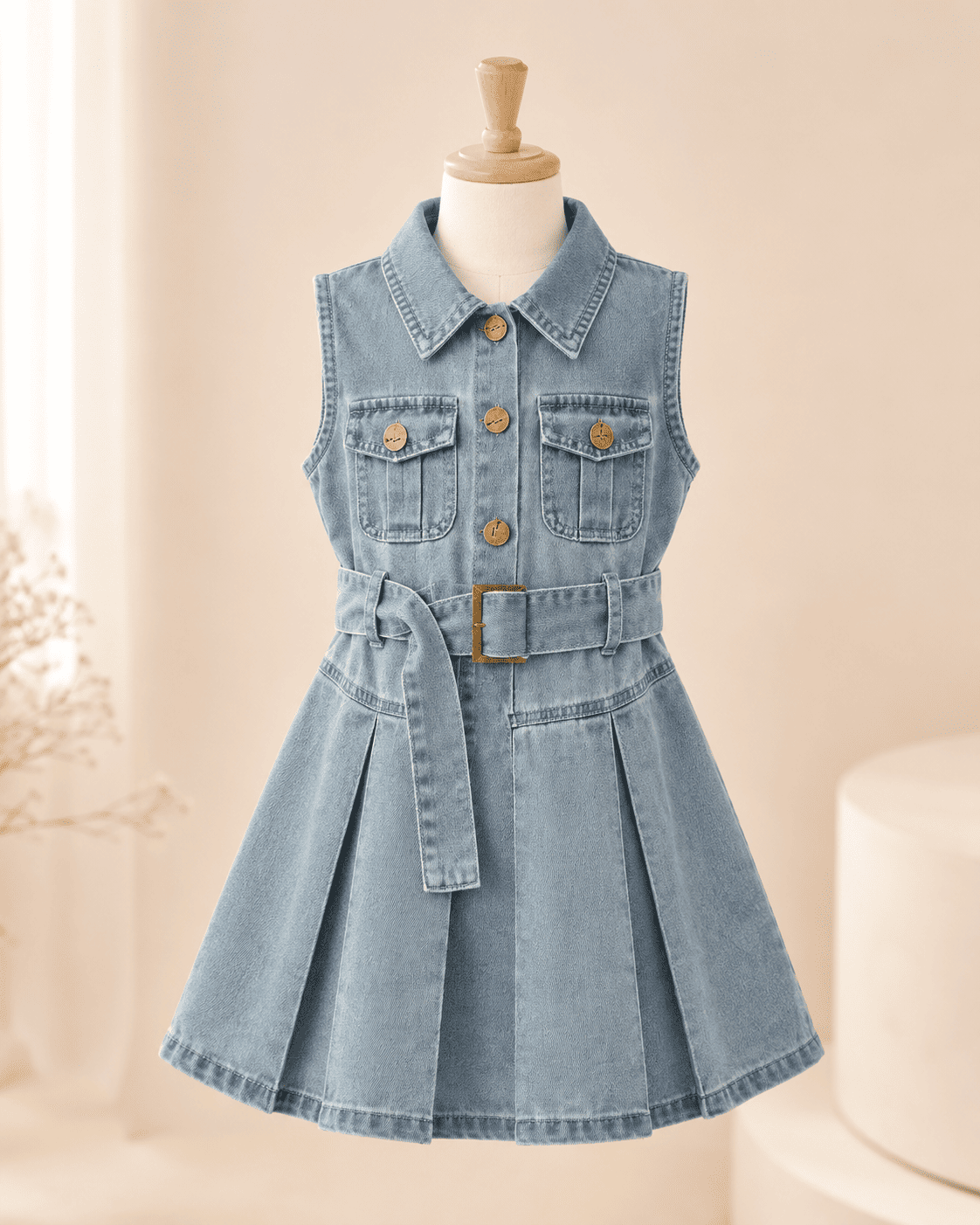 Sleeveless Belted Denim Pleated Dress
