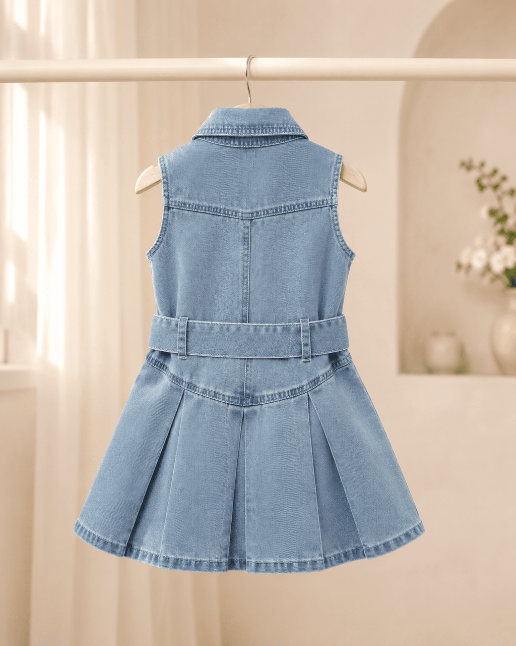 Sleeveless Belted Denim Pleated Dress