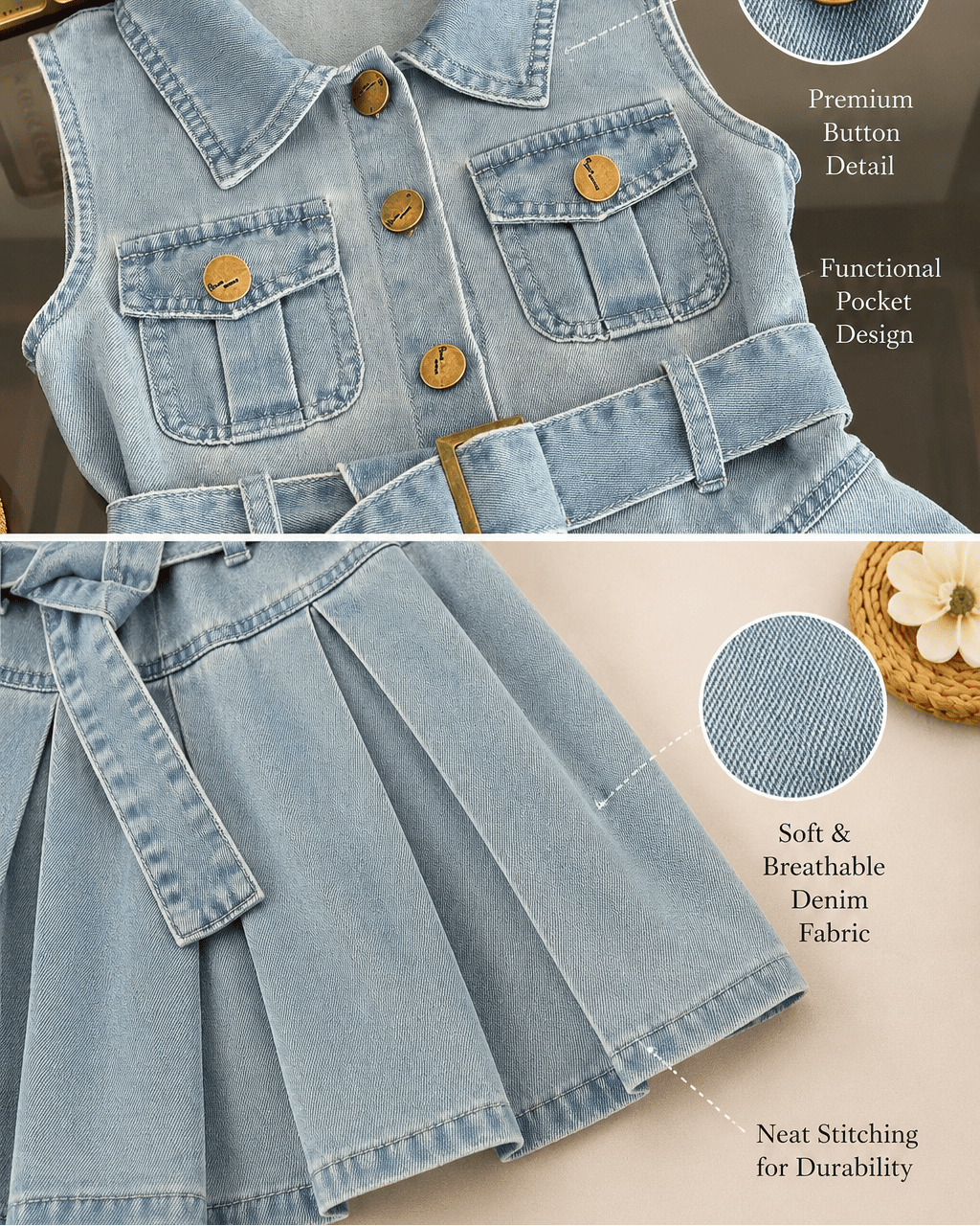 Sleeveless Belted Denim Pleated Dress