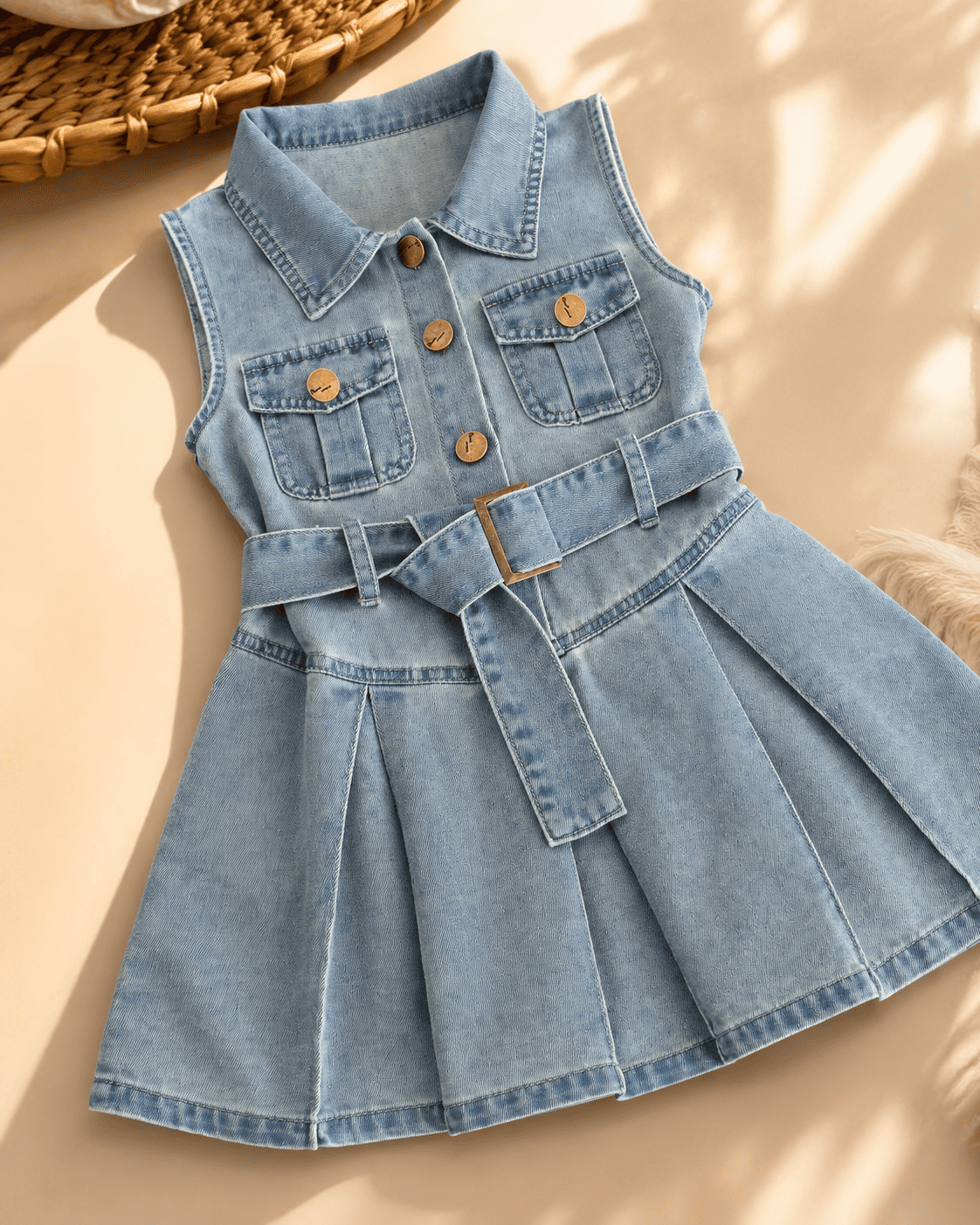 Sleeveless Belted Denim Pleated Dress