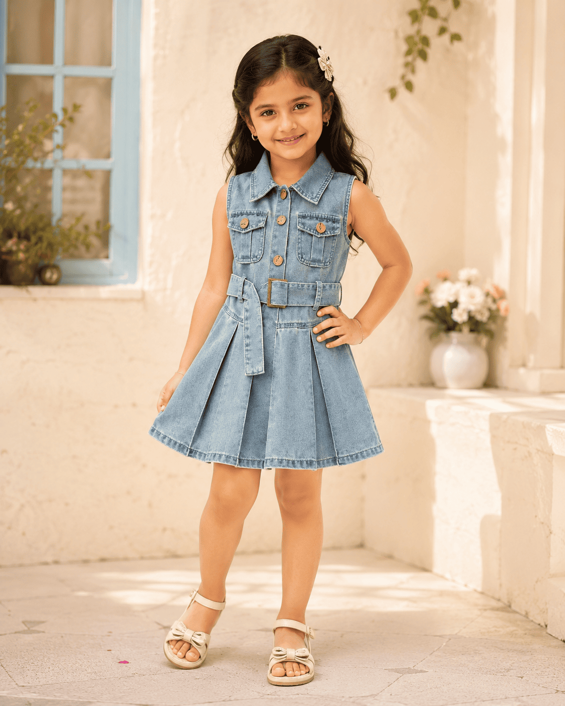 Sleeveless Belted Denim Pleated Dress