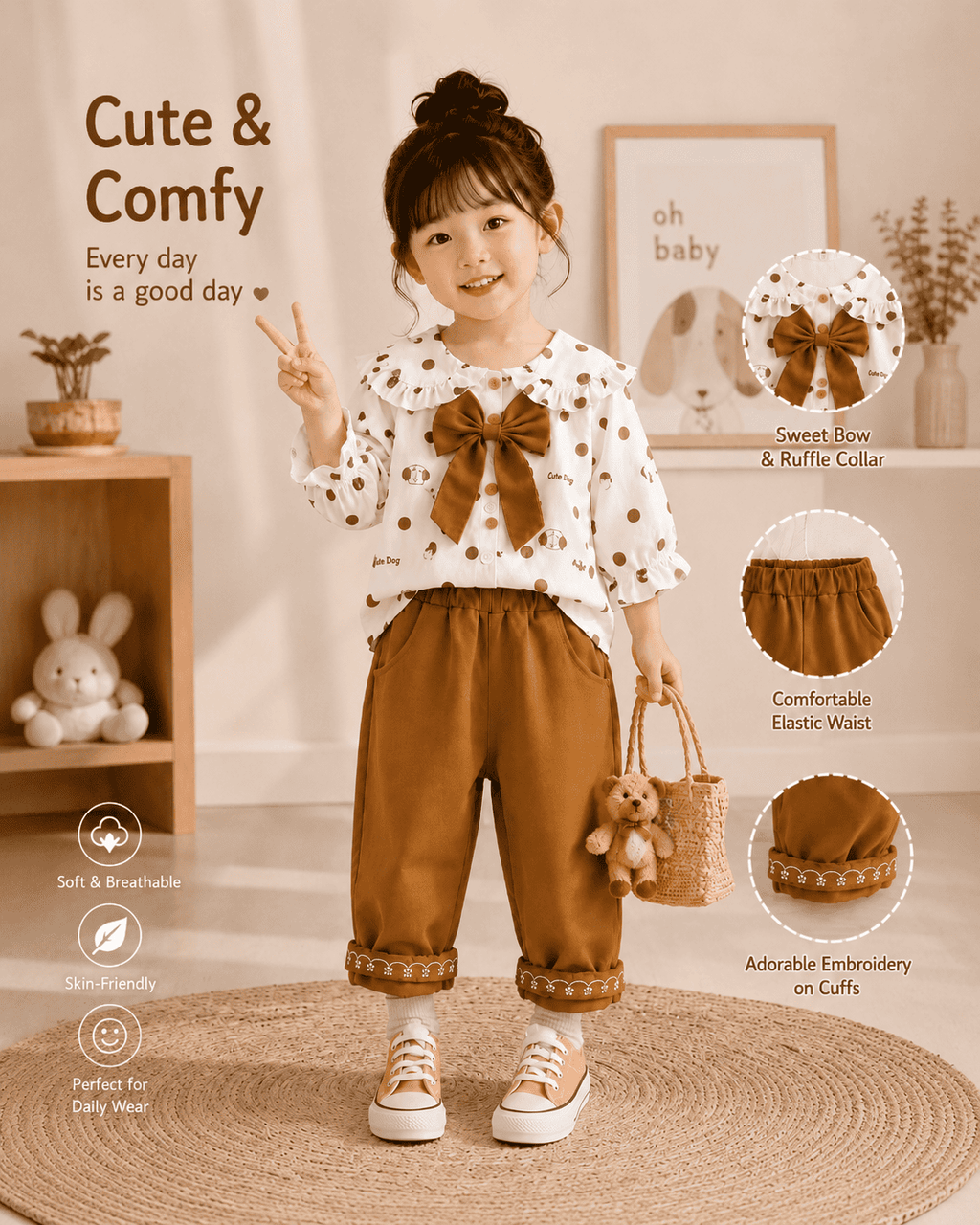 Polka Dot Bow Blouse And Embroidered Pants Set