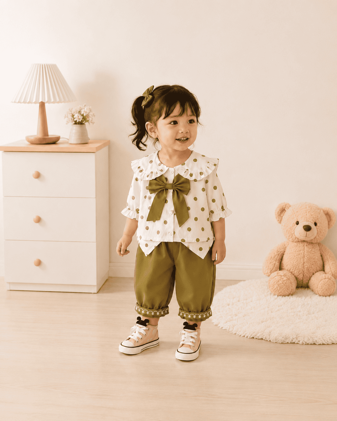 Polka Dot Bow Blouse And Embroidered Pants Set