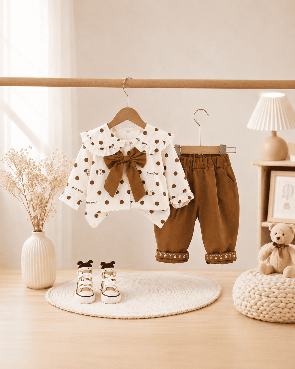 Polka Dot Bow Blouse And Embroidered Pants Set