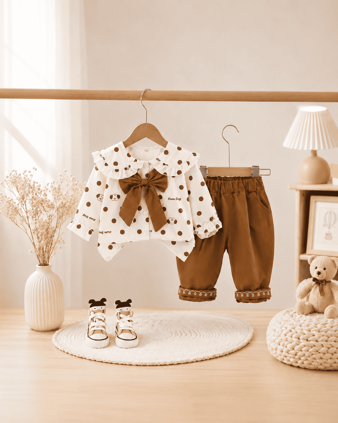 Polka Dot Bow Blouse And Embroidered Pants Set