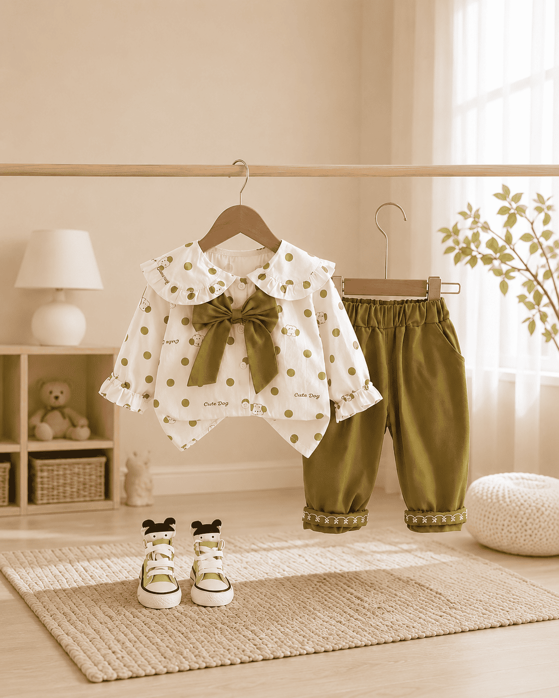 Polka Dot Bow Blouse And Embroidered Pants Set