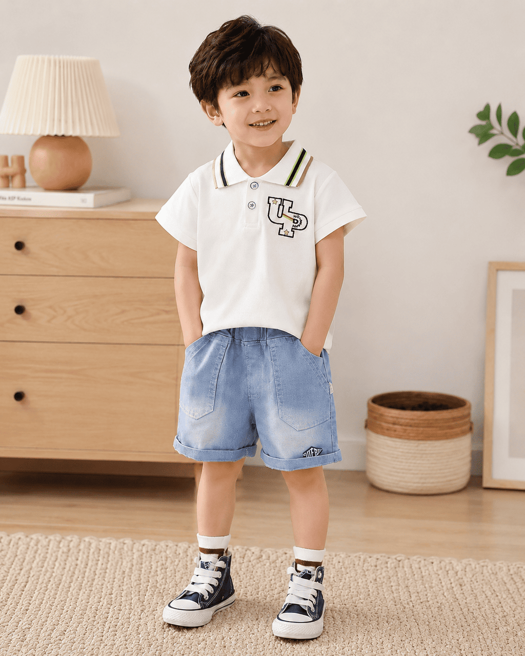 Polo T-Shirt And Light Denim Shorts Set