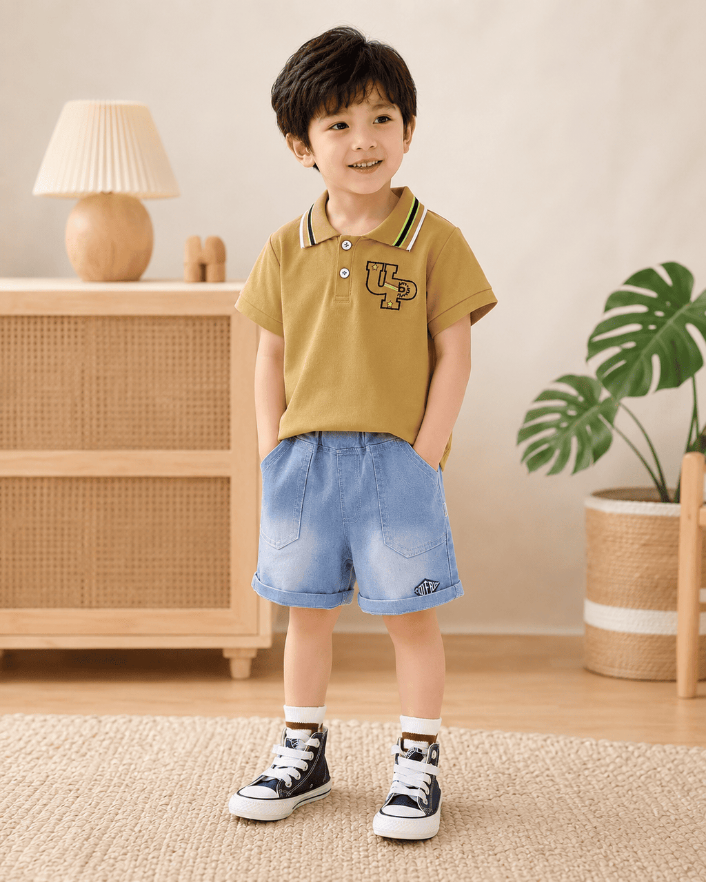 Polo T-Shirt And Light Denim Shorts Set