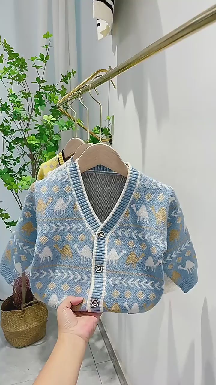 Kids' Warm Knitted V-Neck Button Cardigan Coat Cartoon Pattern Autumn Winter