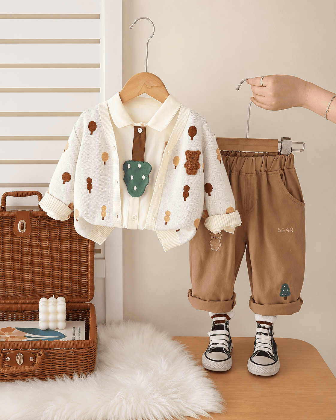 Bear Print Cardigan And Pants Outfit Set