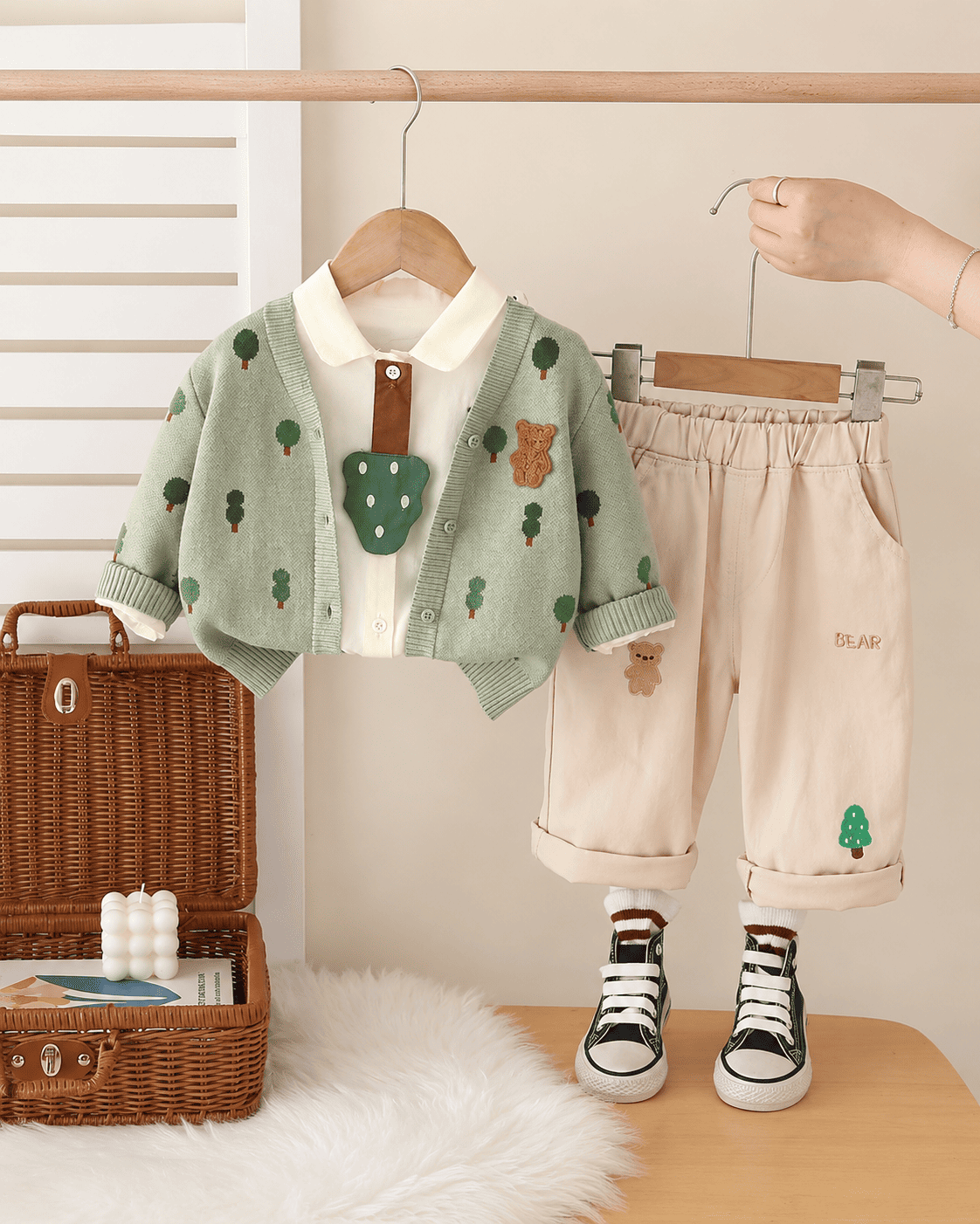 Bear Print Cardigan And Pants Outfit Set