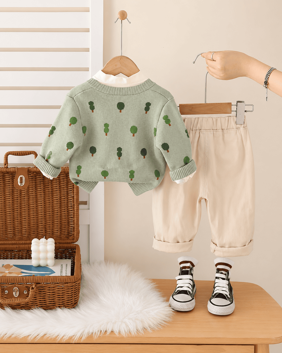 Bear Print Cardigan And Pants Outfit Set