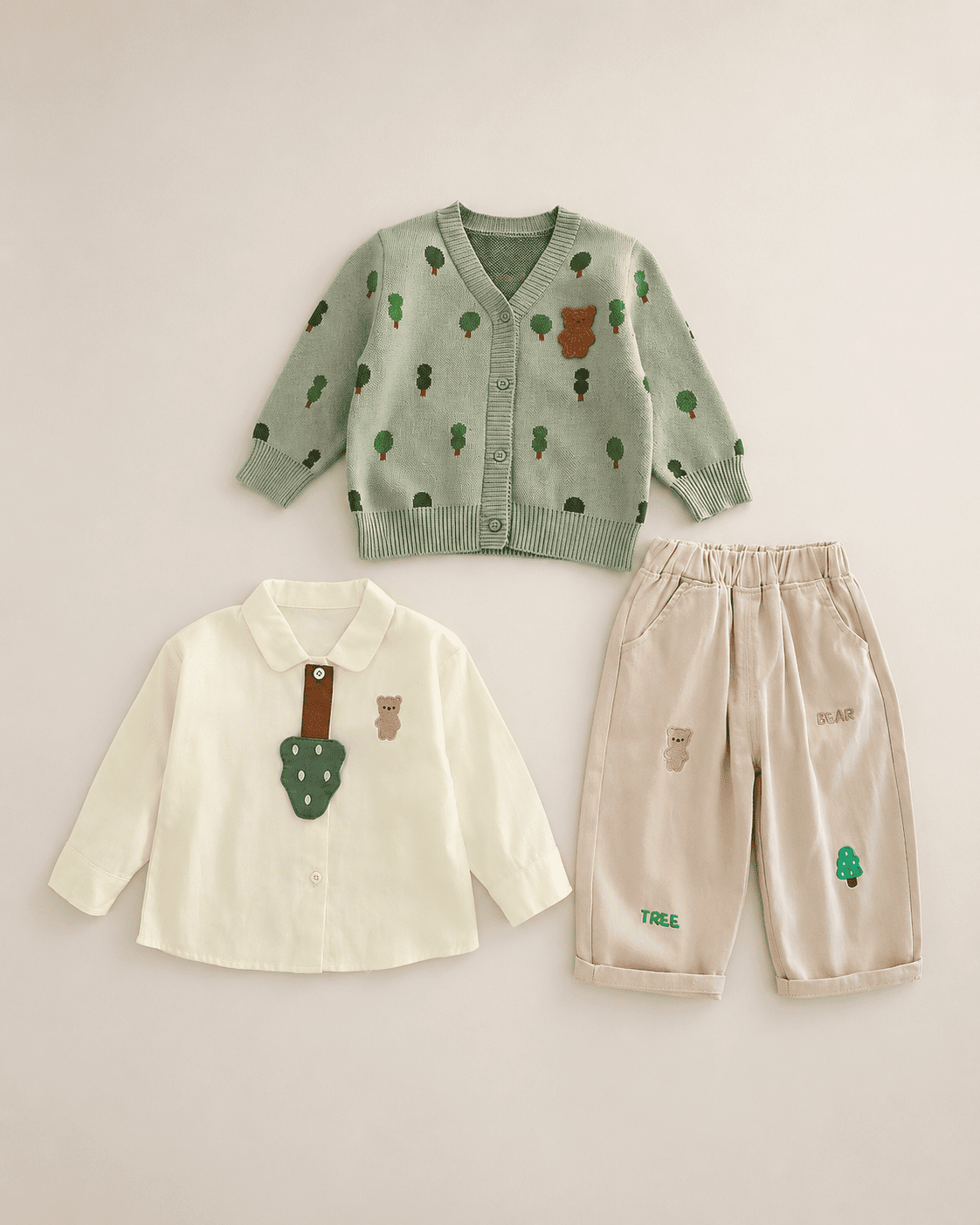 Bear Print Cardigan And Pants Outfit Set