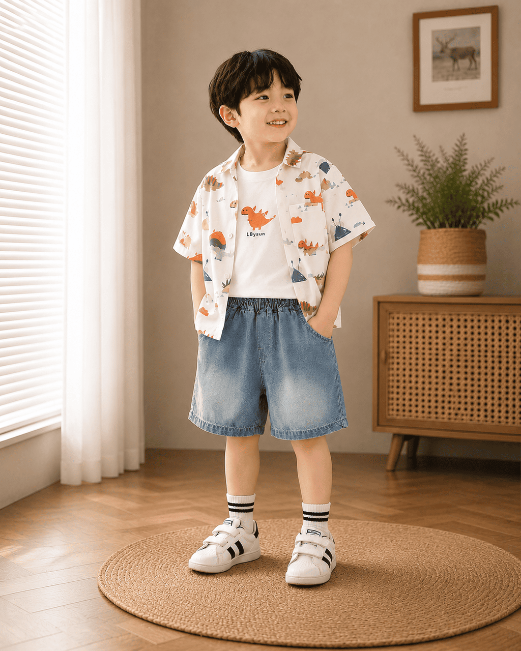 Print Cotton Shirt And Denim Shorts Set
