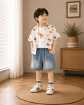 Print Cotton Shirt And Denim Shorts Set