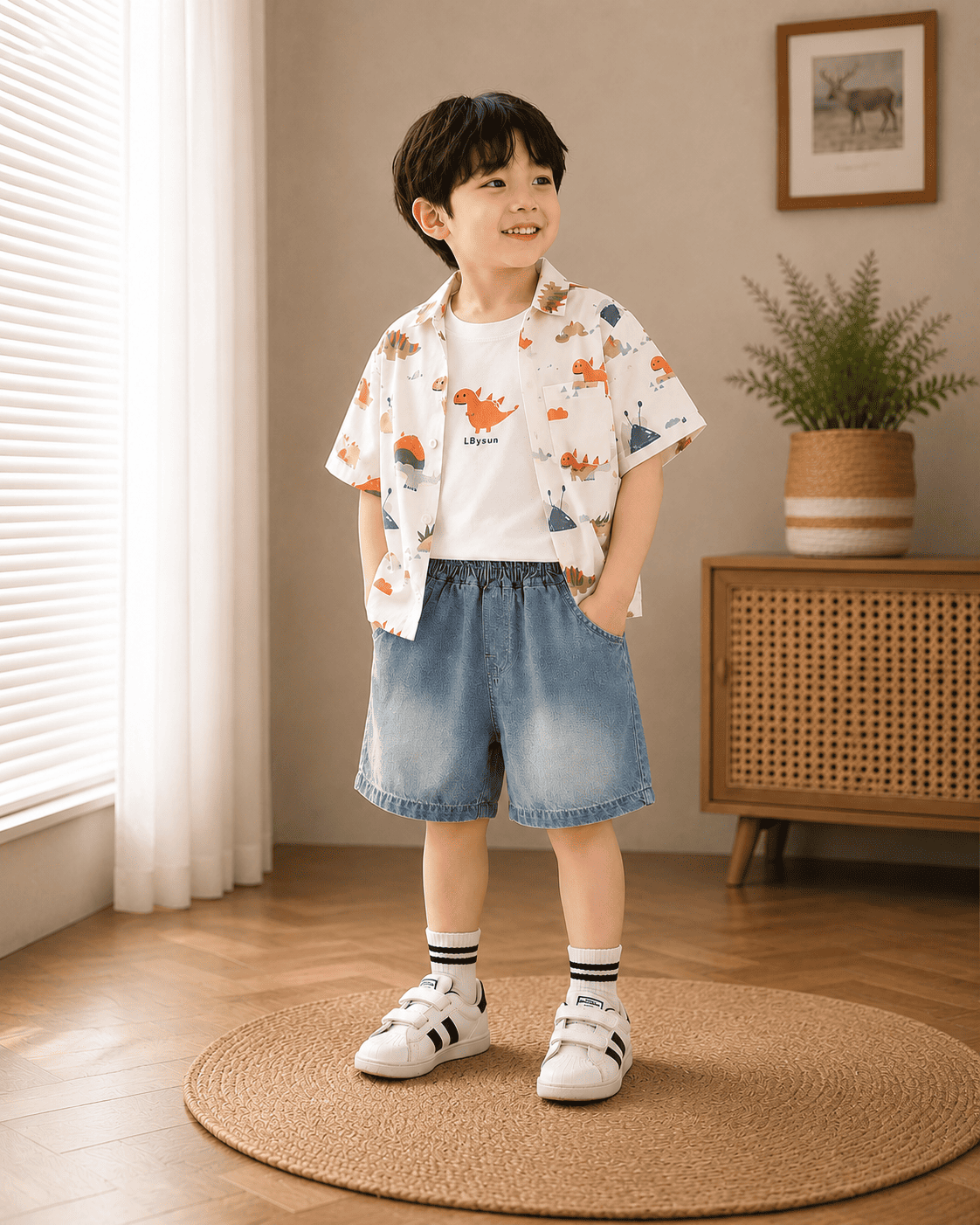 Print Cotton Shirt And Denim Shorts Set